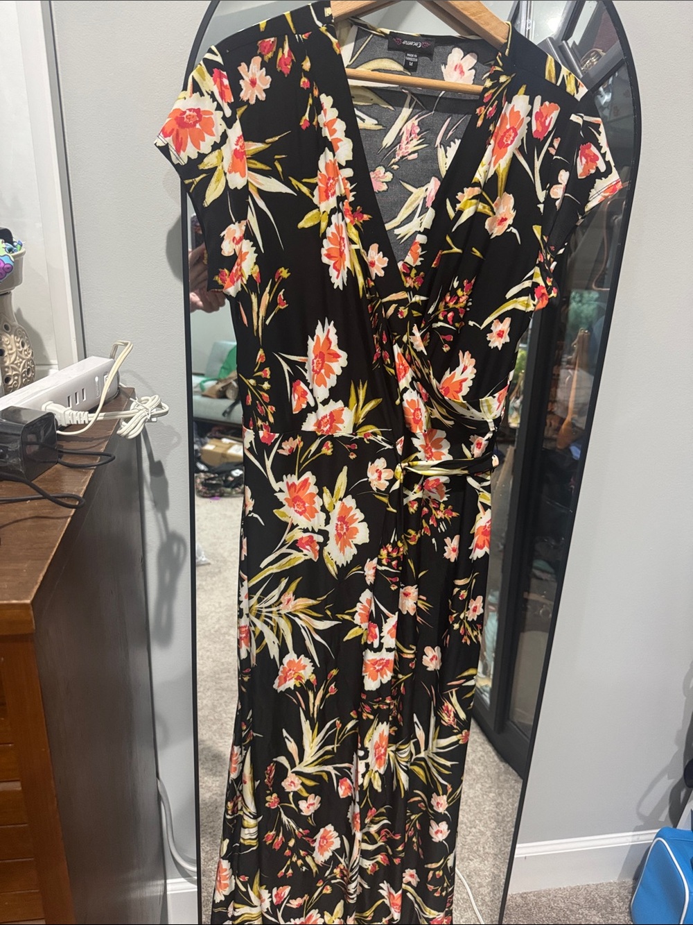 Cocomo Black Floral Wrap Maxi Dress with Coral Blooms